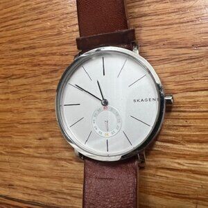 Skagen Stainless Steel Watch: White face/Silver Trim/Brown Leather Band